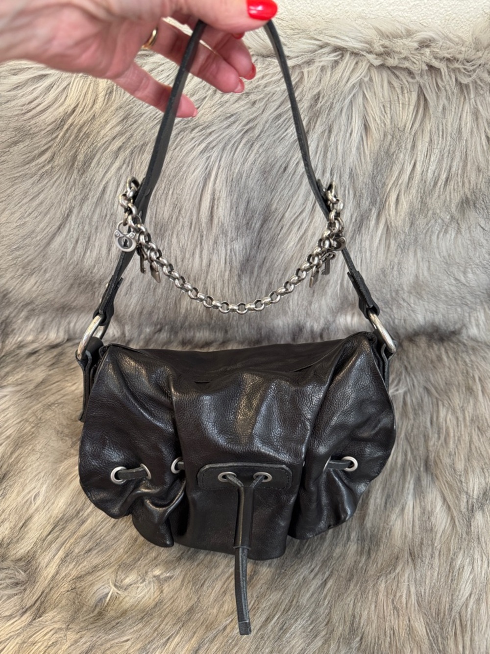 A.S.98 Black Leather Shoulder Bag with Chain Detail